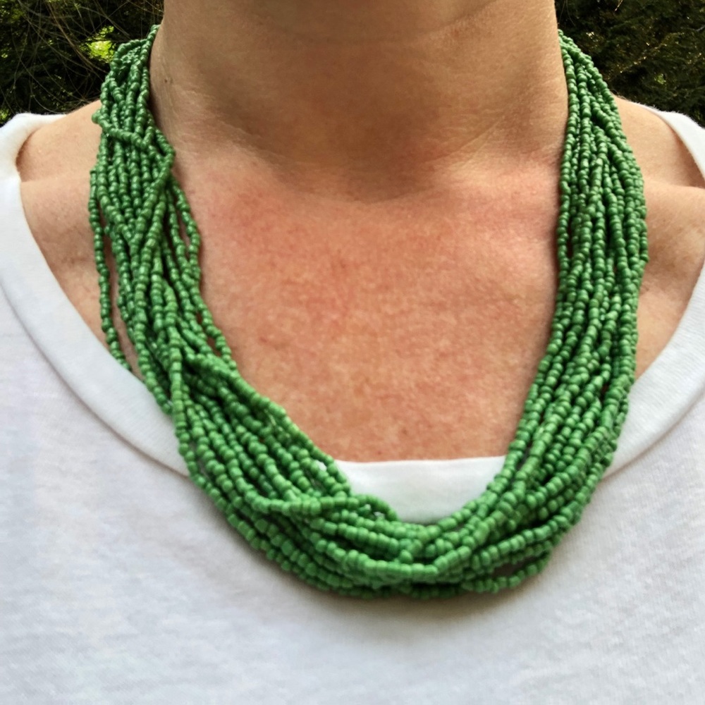 Multi-strand, mini bead, bright green necklace